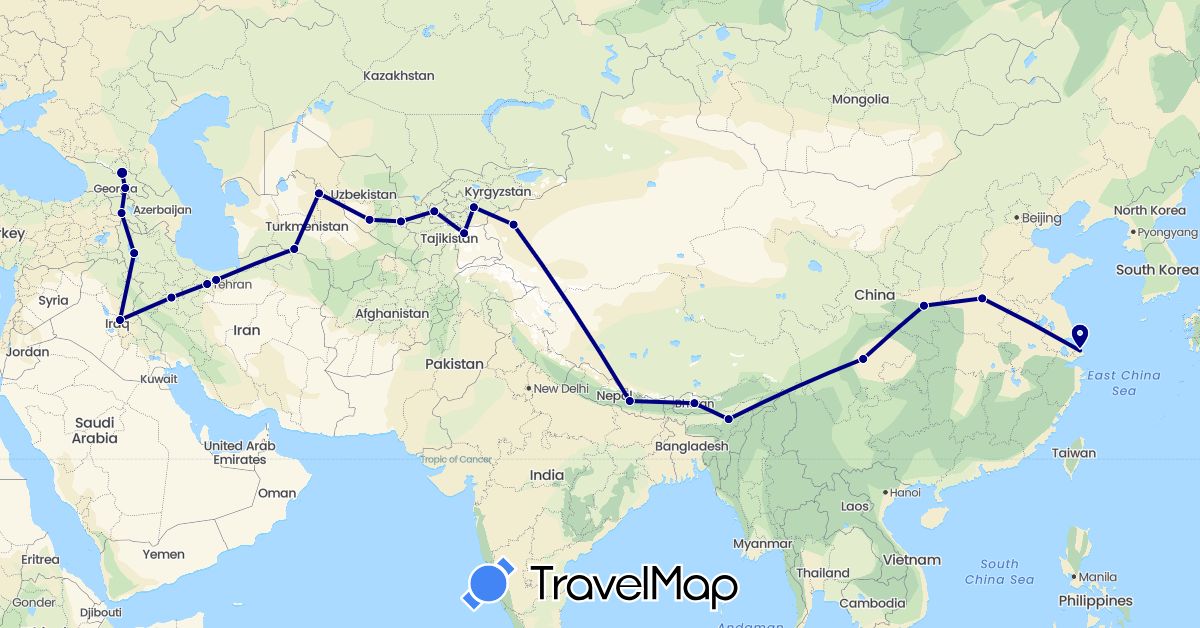 TravelMap itinerary: driving in Armenia, Bhutan, China, Georgia, India, Iraq, Iran, Kyrgyzstan, Nepal, Tajikistan, Turkmenistan, Uzbekistan (Asia)