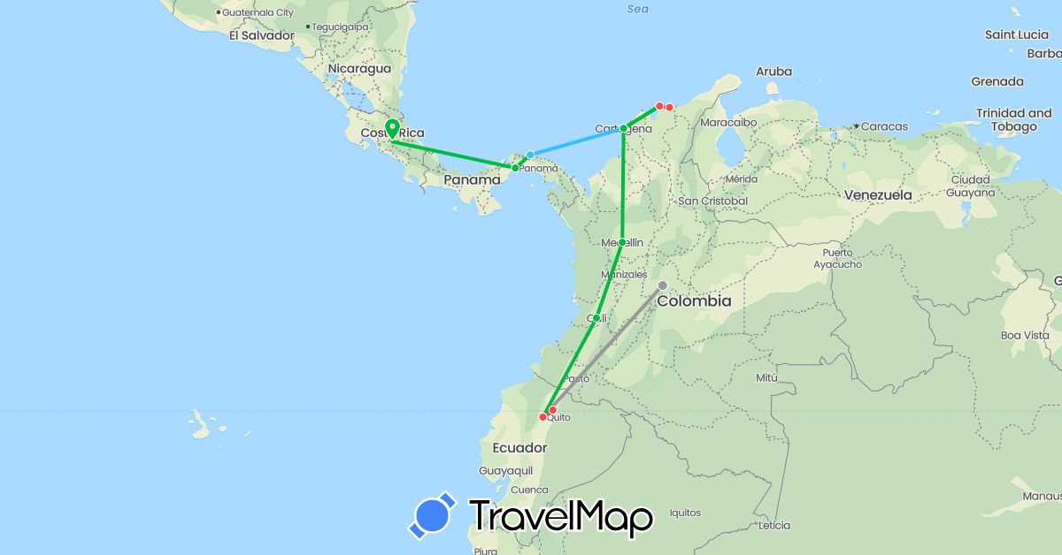 TravelMap itinerary: driving, bus, plane, hiking, boat in Colombia, Costa Rica, Ecuador, Panama (North America, South America)