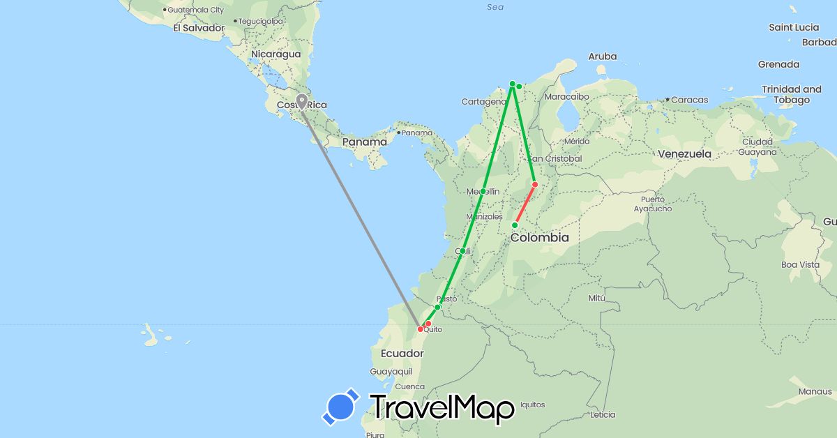 TravelMap itinerary: bus, plane, hiking in Colombia, Costa Rica, Ecuador (North America, South America)